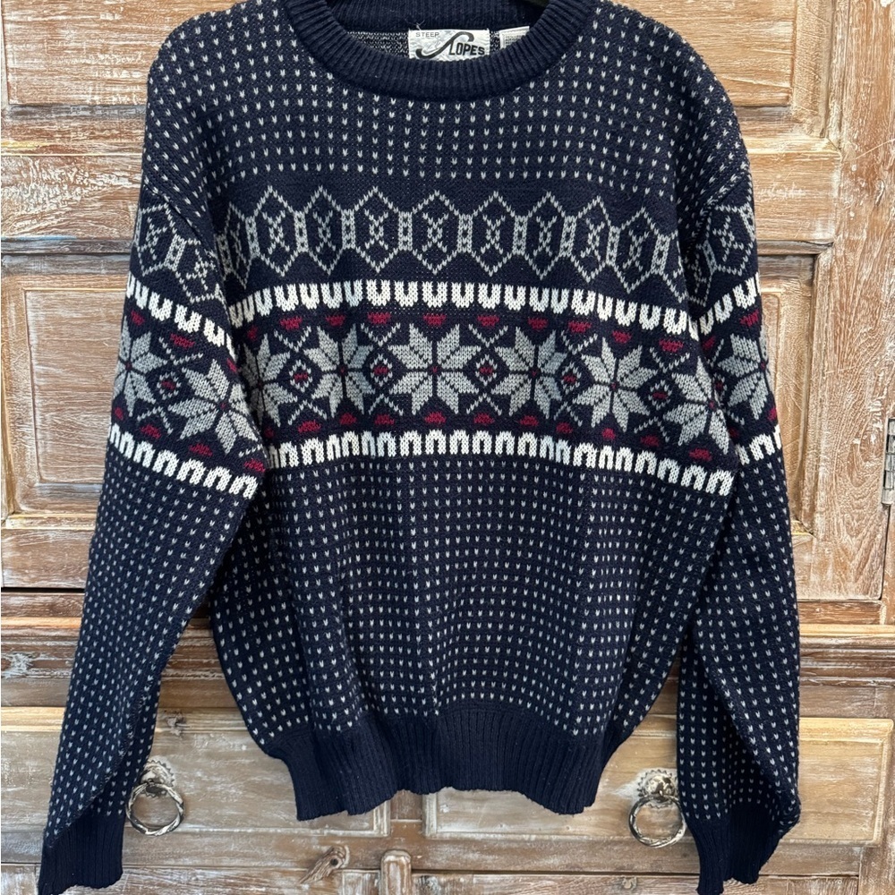 Steep Slopes Warm Navy Patterned Crewneck Sweater Cabincore Fair Isle Ski XL